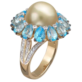 APHRODITA yellow gold ring with diamonds, topaz and pearls